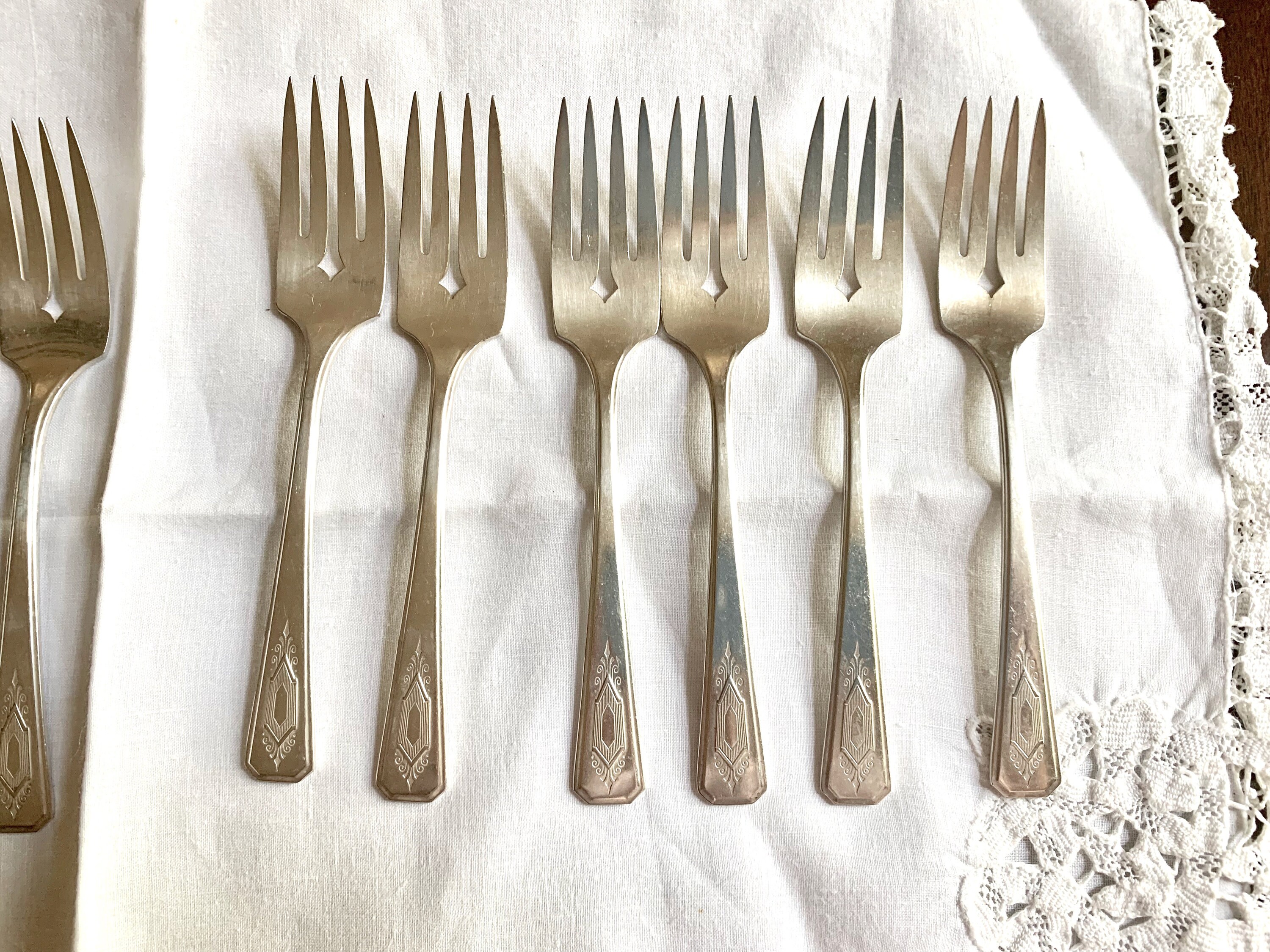 Six Silver Plate Salad Forks, Vintage Art Deco Dessert Forks, 1932