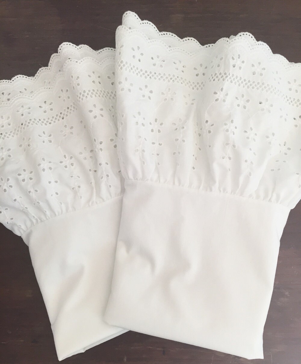 White Eyelet Lace Pillowcases, Standard Size White Pillowcases, Cottage