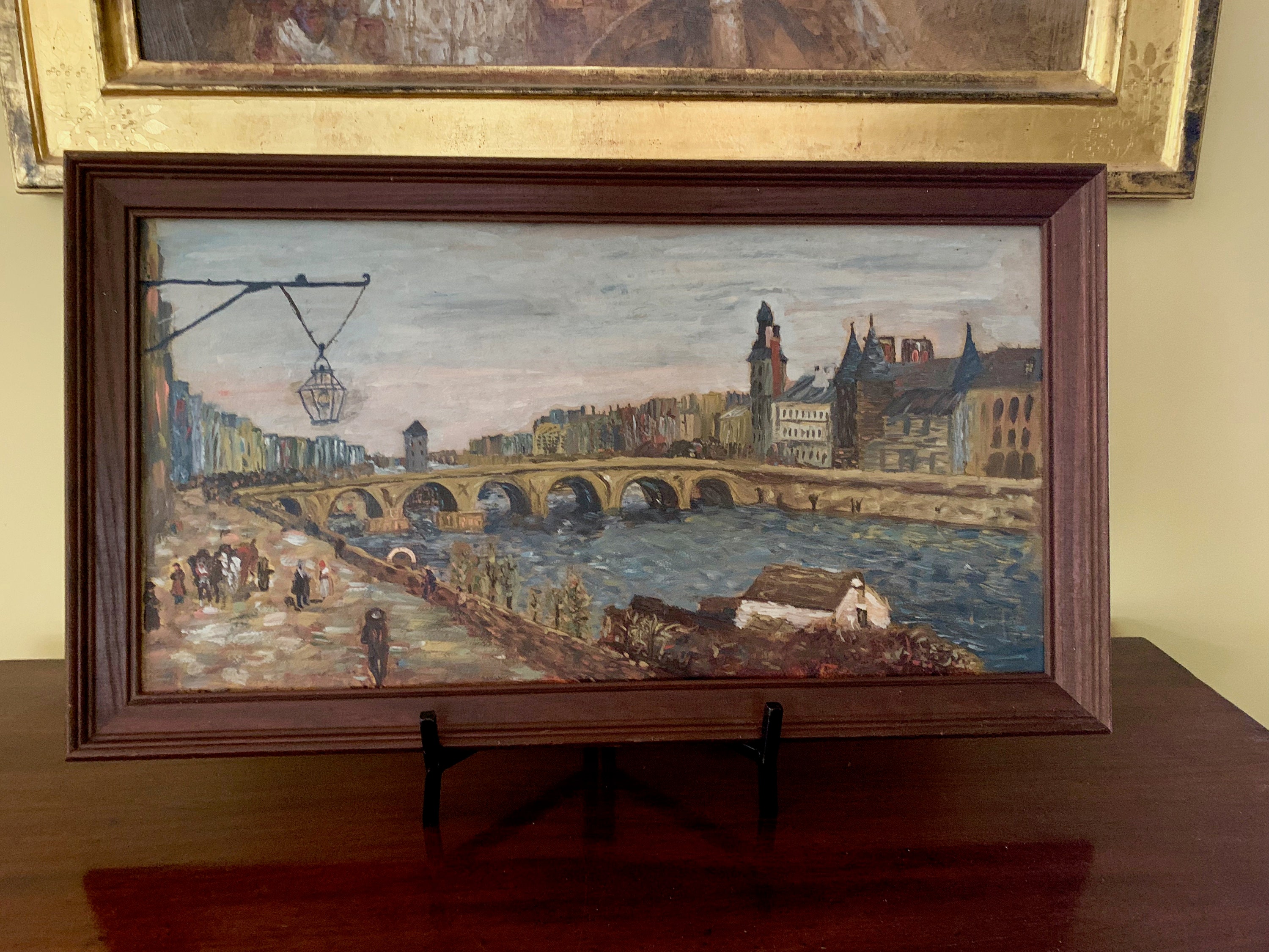 Vintage Oil Painting Framed, European Scene Oil Painting Wooden Frame, Image Size 13 x 25 Inches