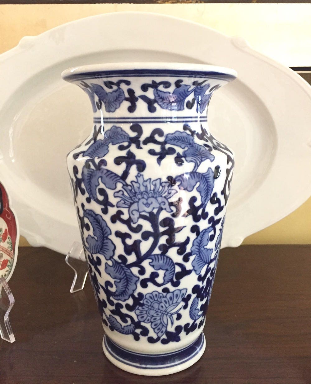 Chinoiserie Vase, Blue and White Porcelain Vase, 11 Inch Vase, Urn