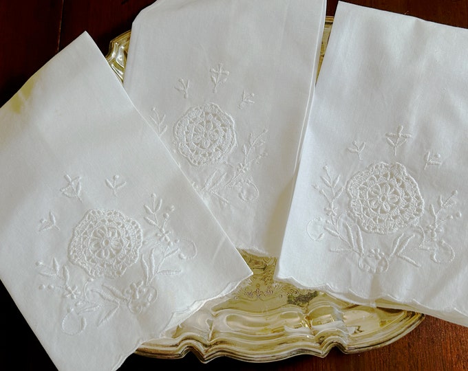 Featured listing image: White Tea Towel, Embroidered Guest Hand Towel, Inset Crochet Lace Medallion, 3 Available Each Sold Separately, Linen Shower Gift