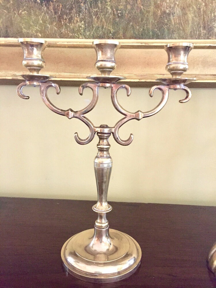 Pair of Brass Candelabras, 3 Light Candelabras, Vintage Mid Century Brass Candle Holders, Brass