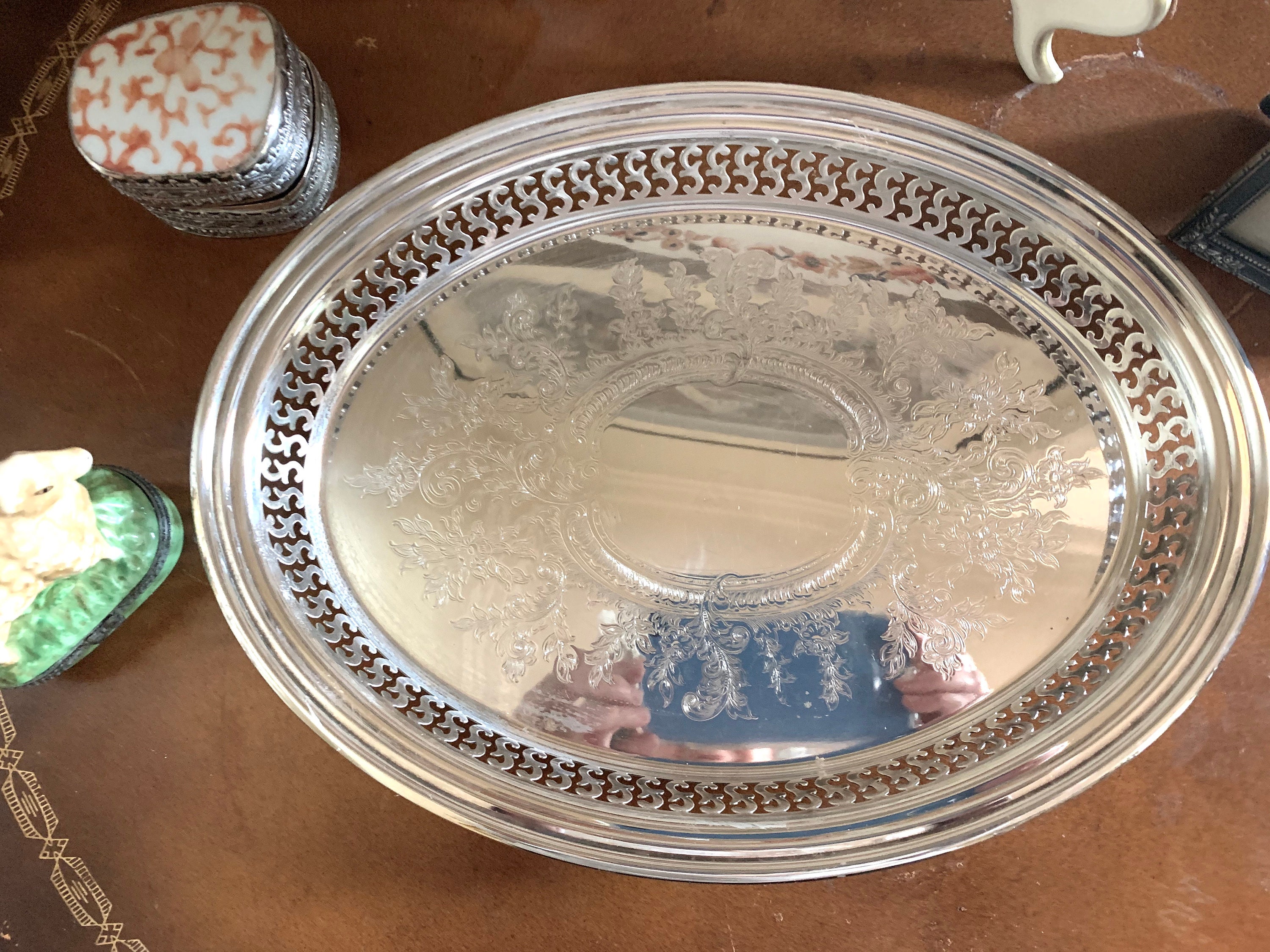 Small Oval Silver Tray, Vintage Silver Plate Gallery Tray, Barware Tray