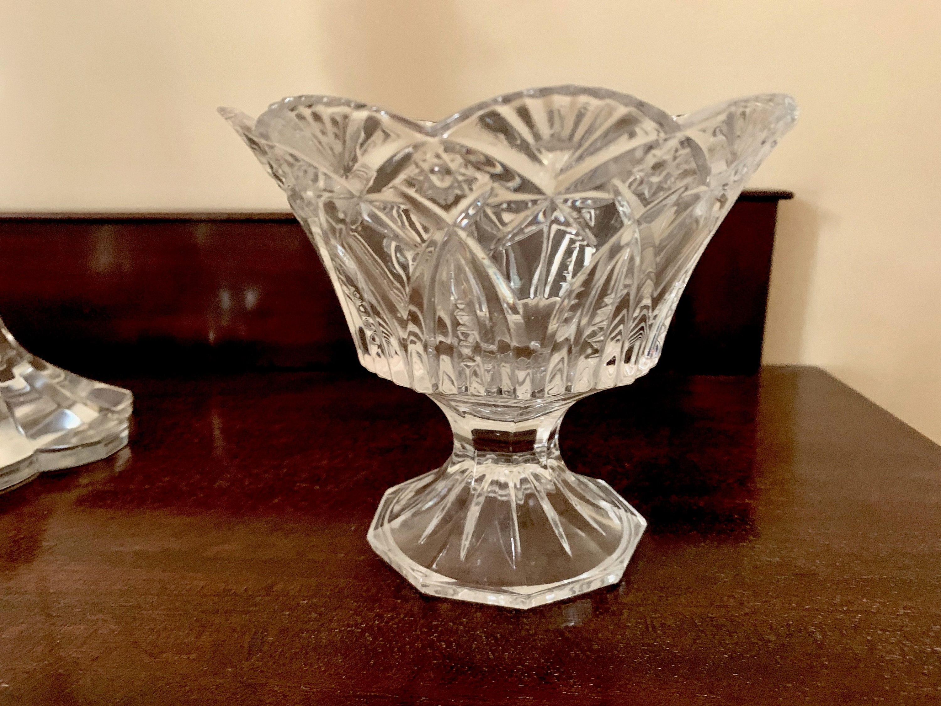 Footed Crystal Compote Bowl with Lid, Scalloped Rim, Fan Shape Design