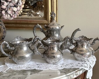 Art Nouveau Silver Tea Set, Antique Silver Plate  4 Piece Tea Serving Set, Royal Mfg. Silver Company, Teapot, Sugar, Creamer Waste Bowl,