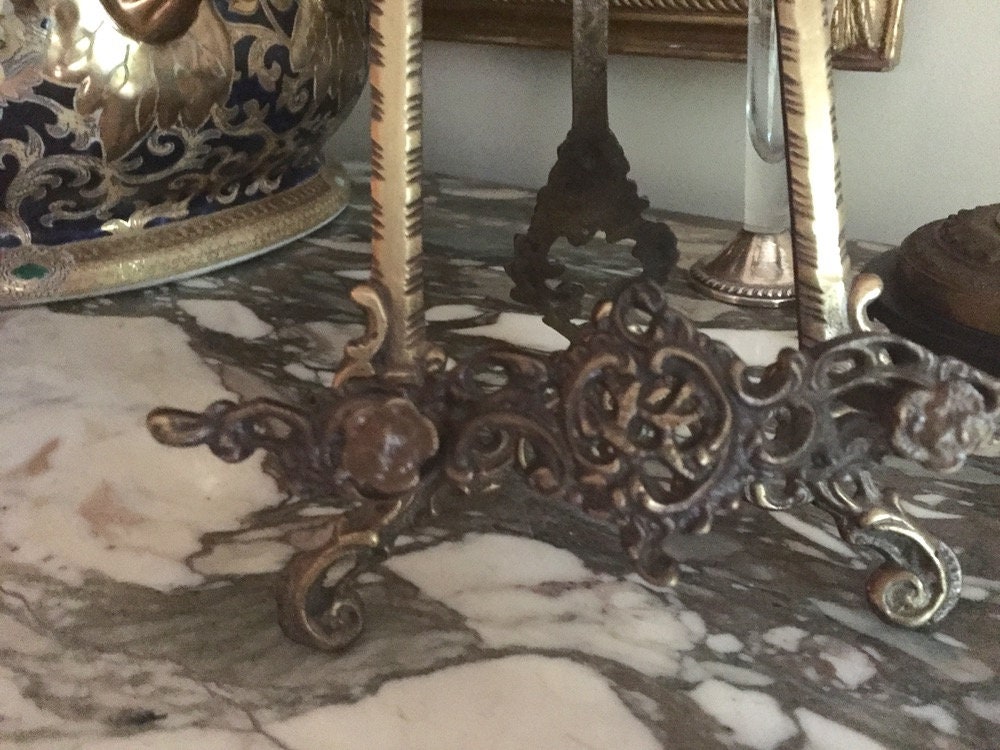 Vintage Ornate Cast Brass Picture Easel, Tabletop Display Easel 
