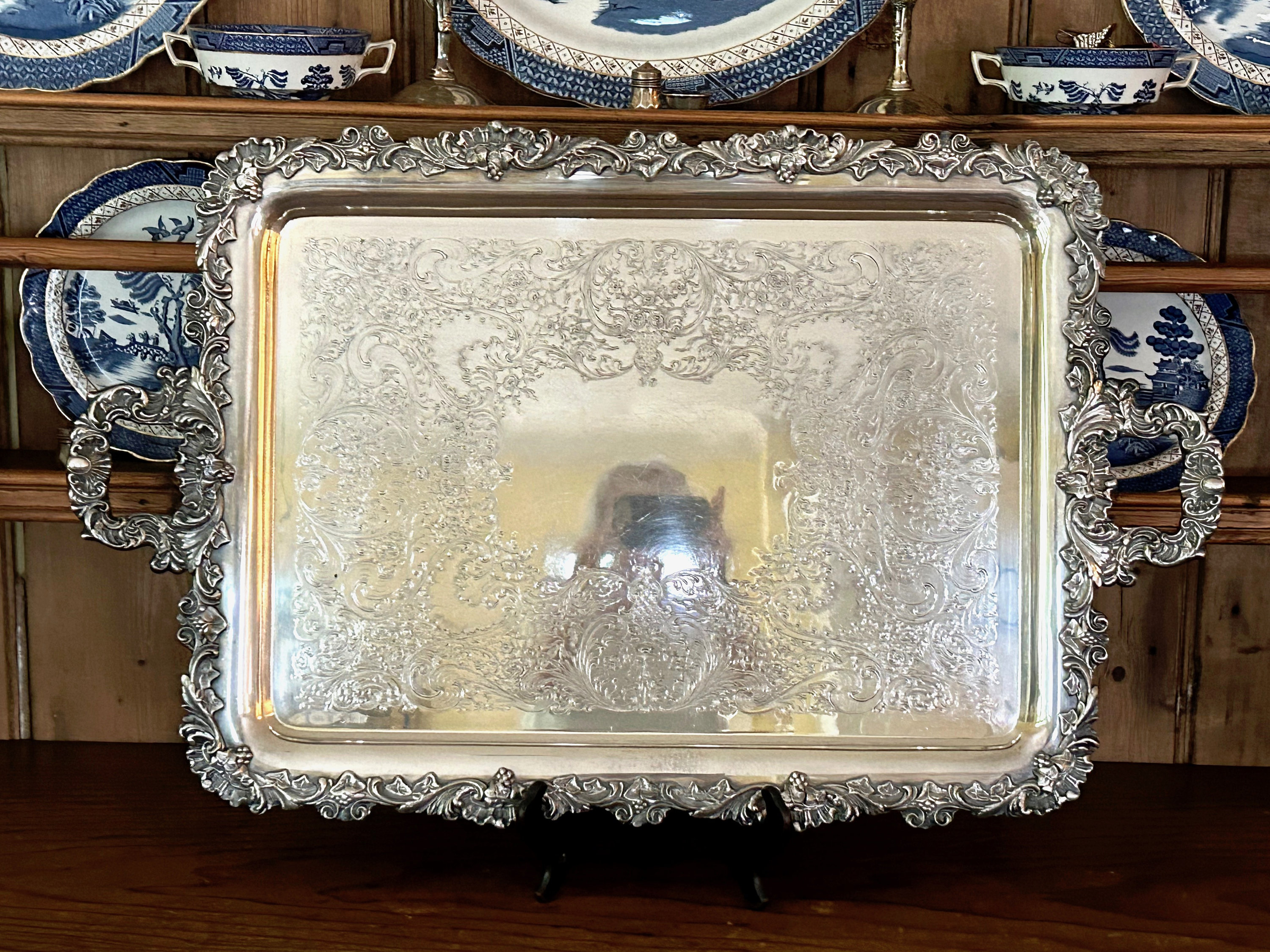 Large silver top serving tray