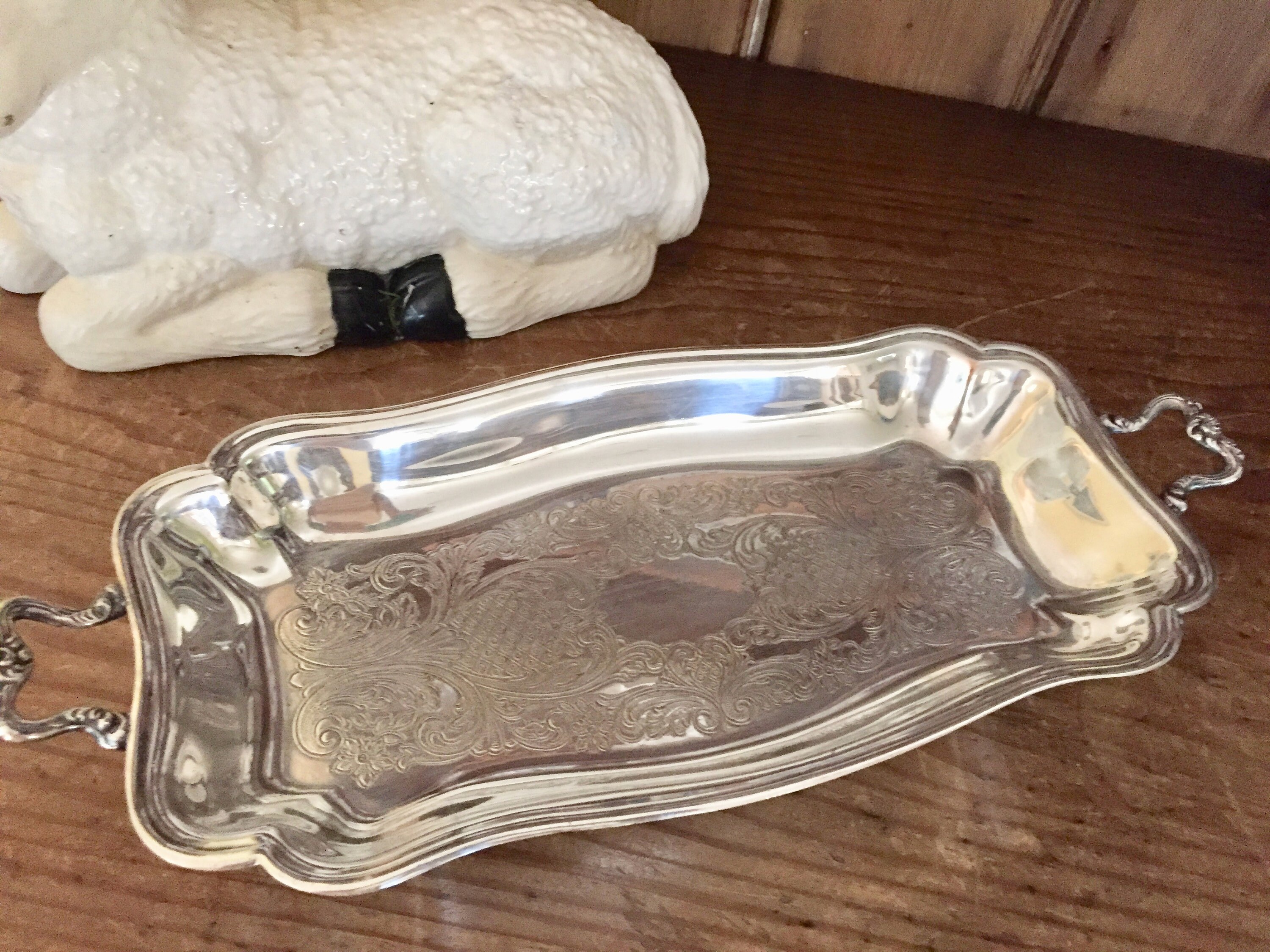 Vintage Silver Bread Tray, Footed Silver Plate Handled Tray, Mid