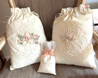 Drawstring Pillows, Three Cream Vintage Drawstring Pillows, Each Sold Separately, Decorative Cottage Farmhouse Pillows,