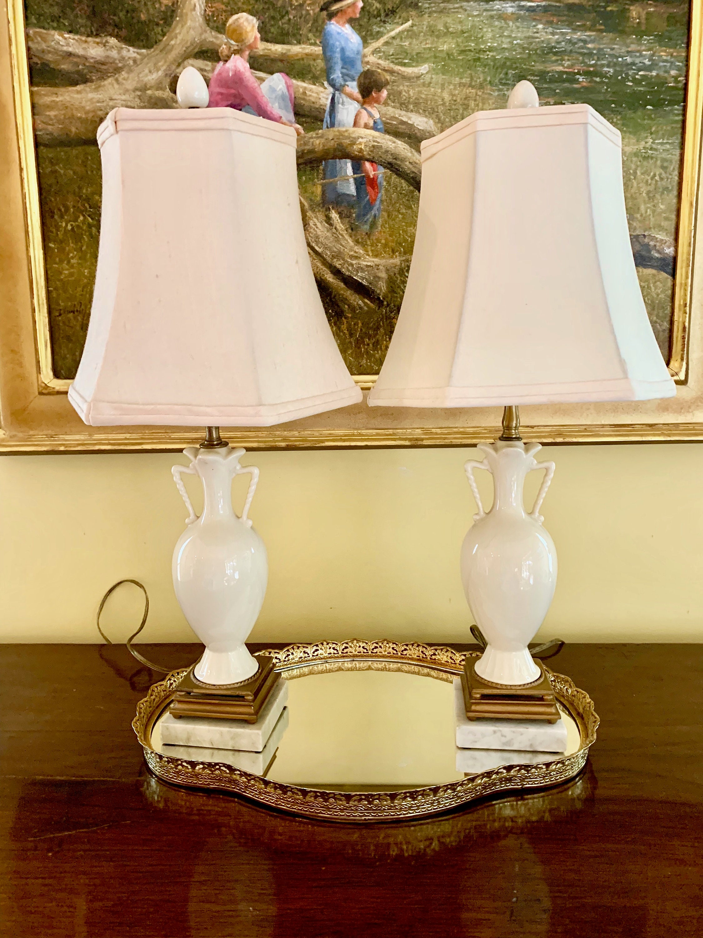 Vintage White Porcelain Lamps, Pair Mid Century White Urn Style Lamps