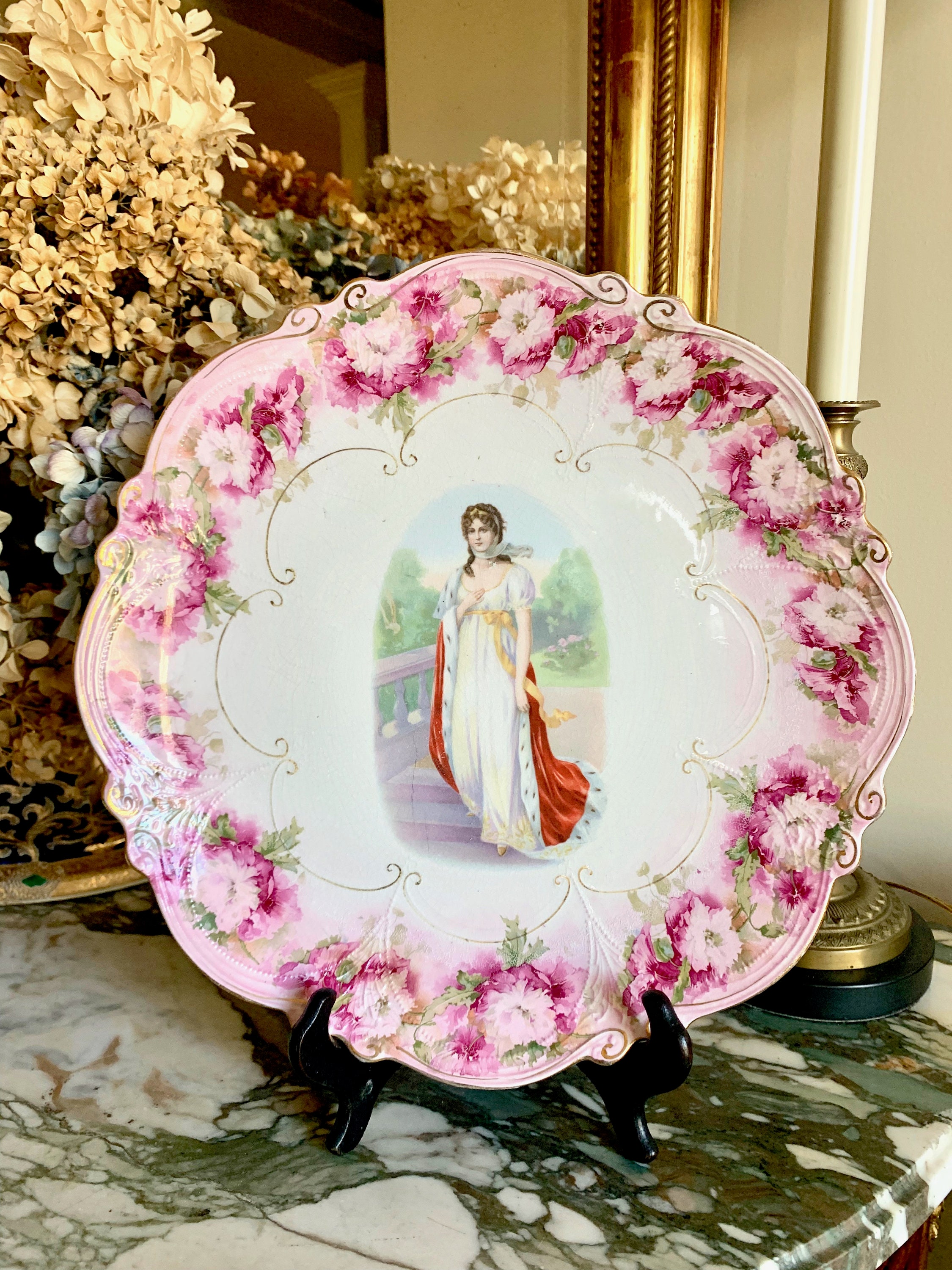 Stinthal China Plate, Antique Decorative Pink White Semi Porcelain