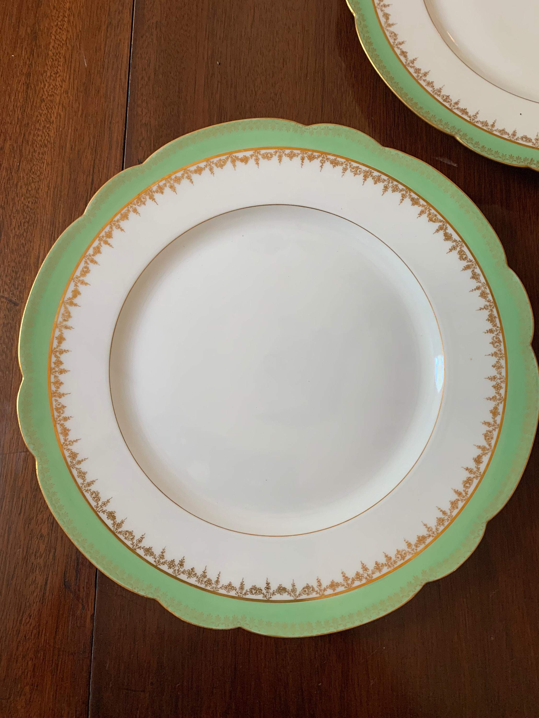 Limoges Luncheon Plates Set of 3, Green with Gold Trim Scalloped Plate