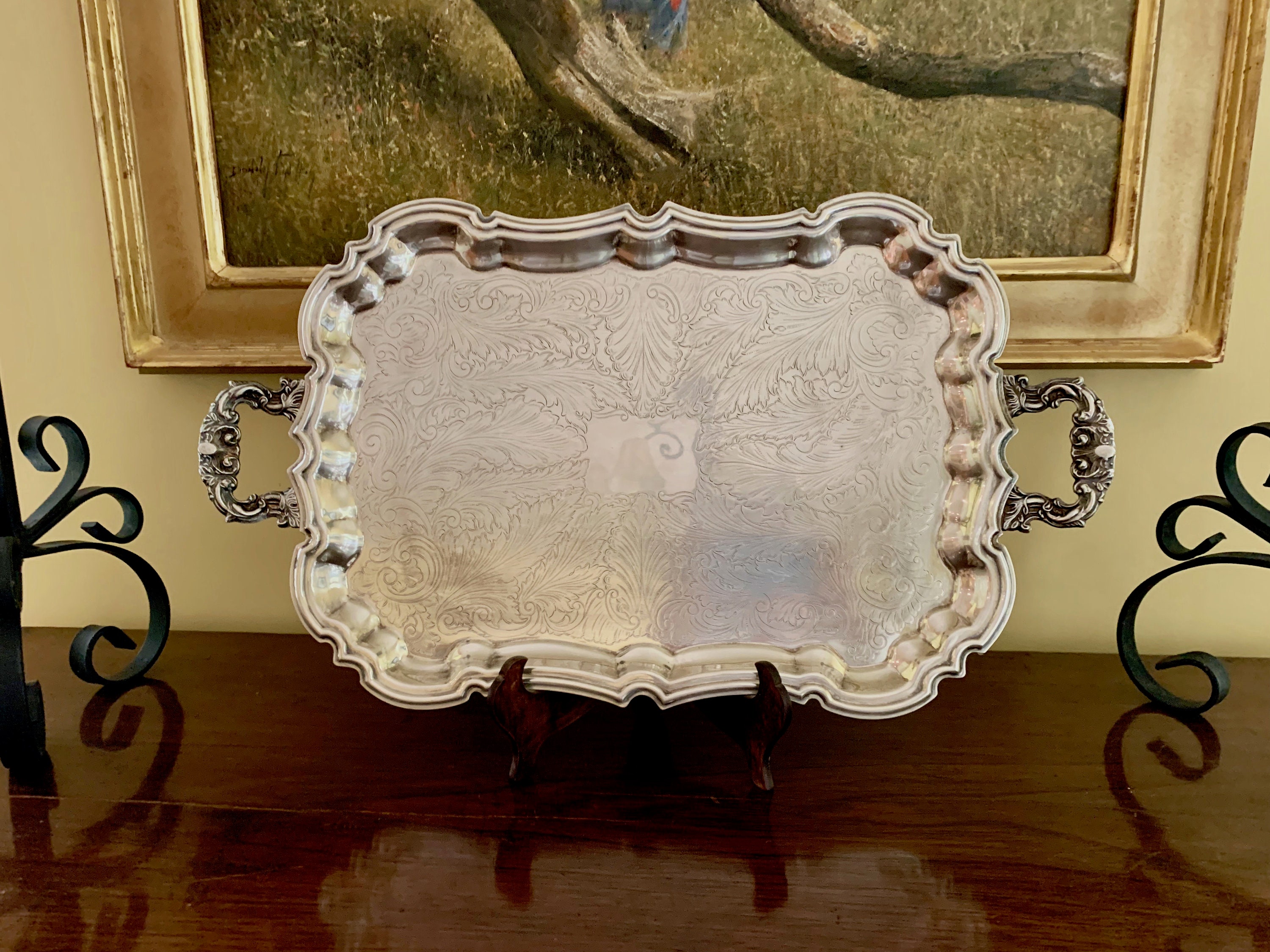 Silver Plate Butler's Tray, Leonard Silver Plate Footed Waiter's Tray with  Handles, Silver Barware Tray, Chased Scroll Design, Wedding Gift