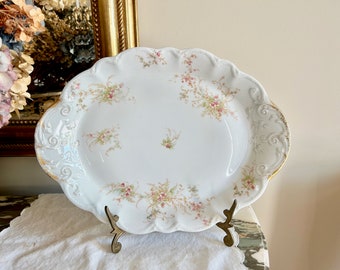 Antique Floral Platter, Semi Porcelain 15 Inch Scalloped Platter with Hand Painted Floral Pattern, French Country Farmhouse