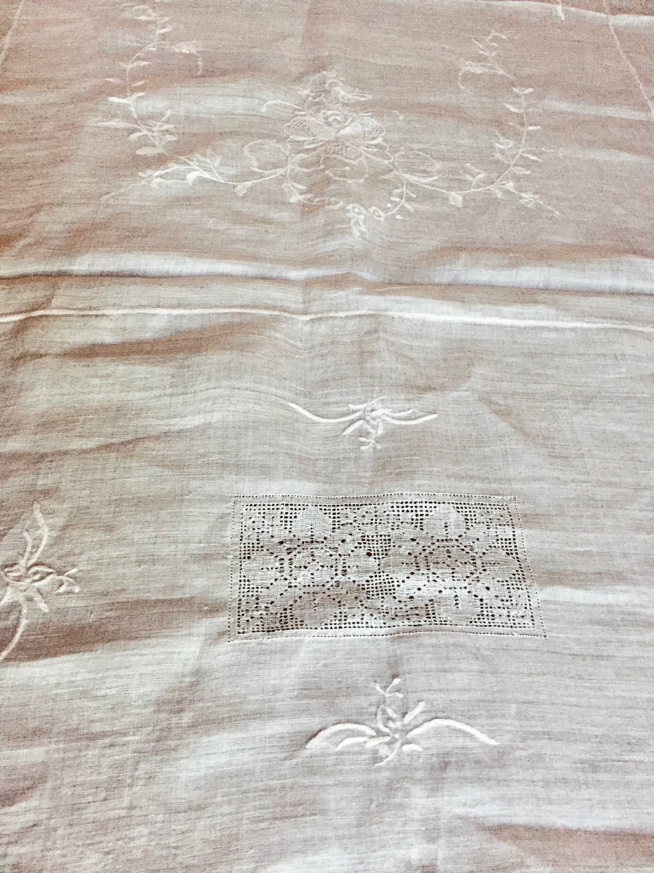 Linen Embroidered Tablecloth with Drawnwork, Rice Linen White ...