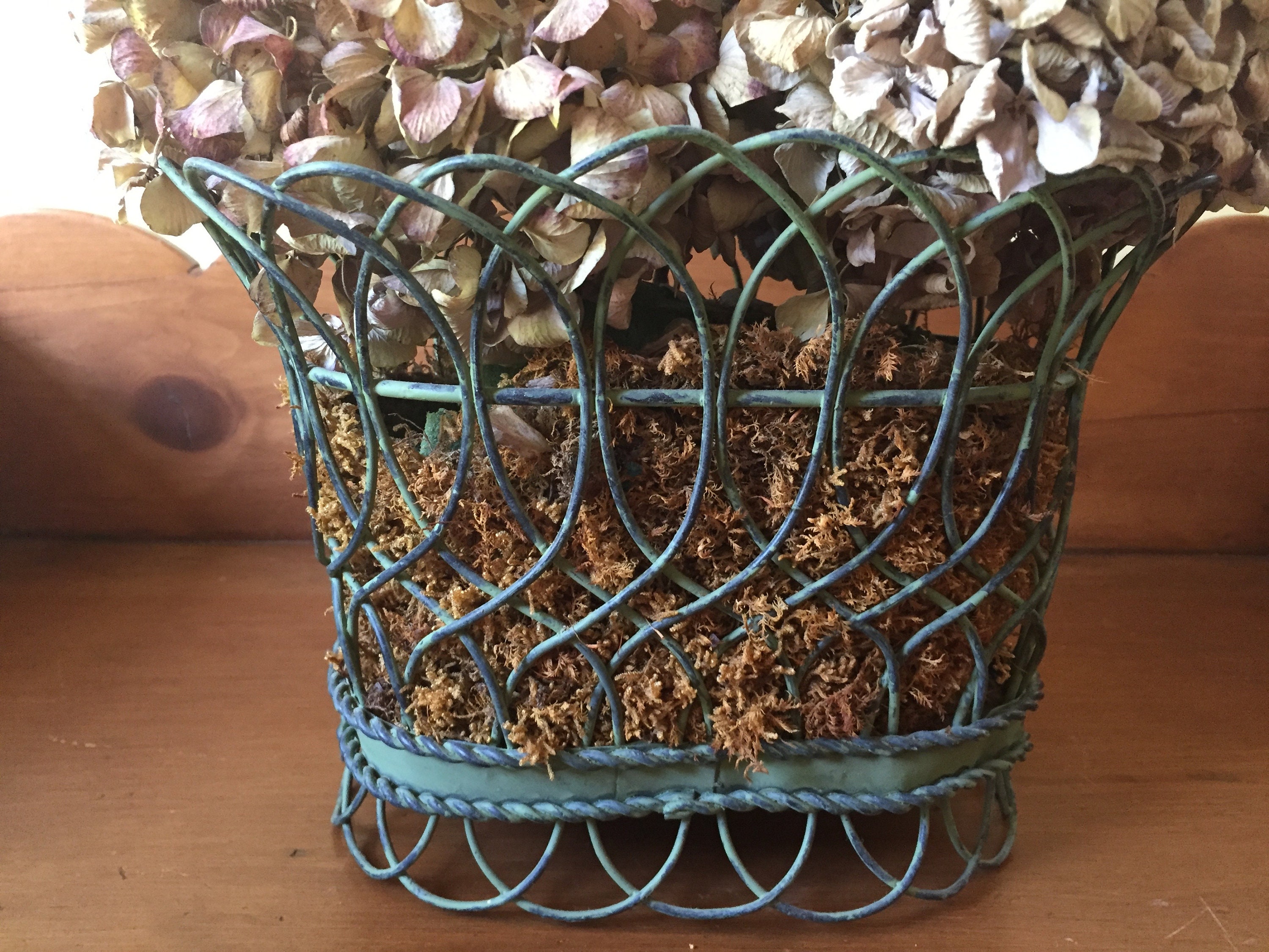 French Basket with Dried Flowers, Vintage Green Wire Basket with Arrangement, French Country