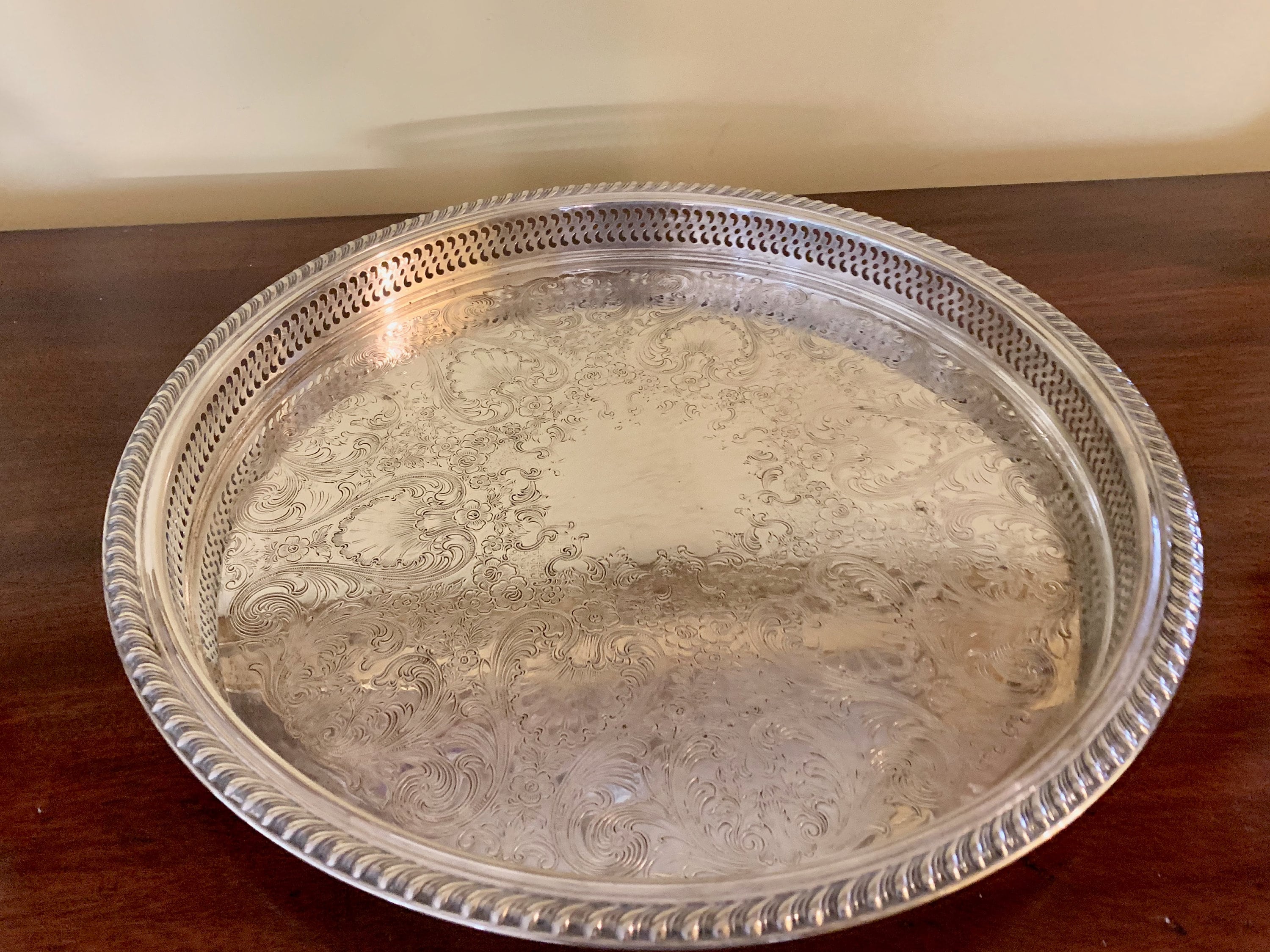 Silver Gallery Tray, 15 Inch Round Silver Plate Engraved Tray, Pierced