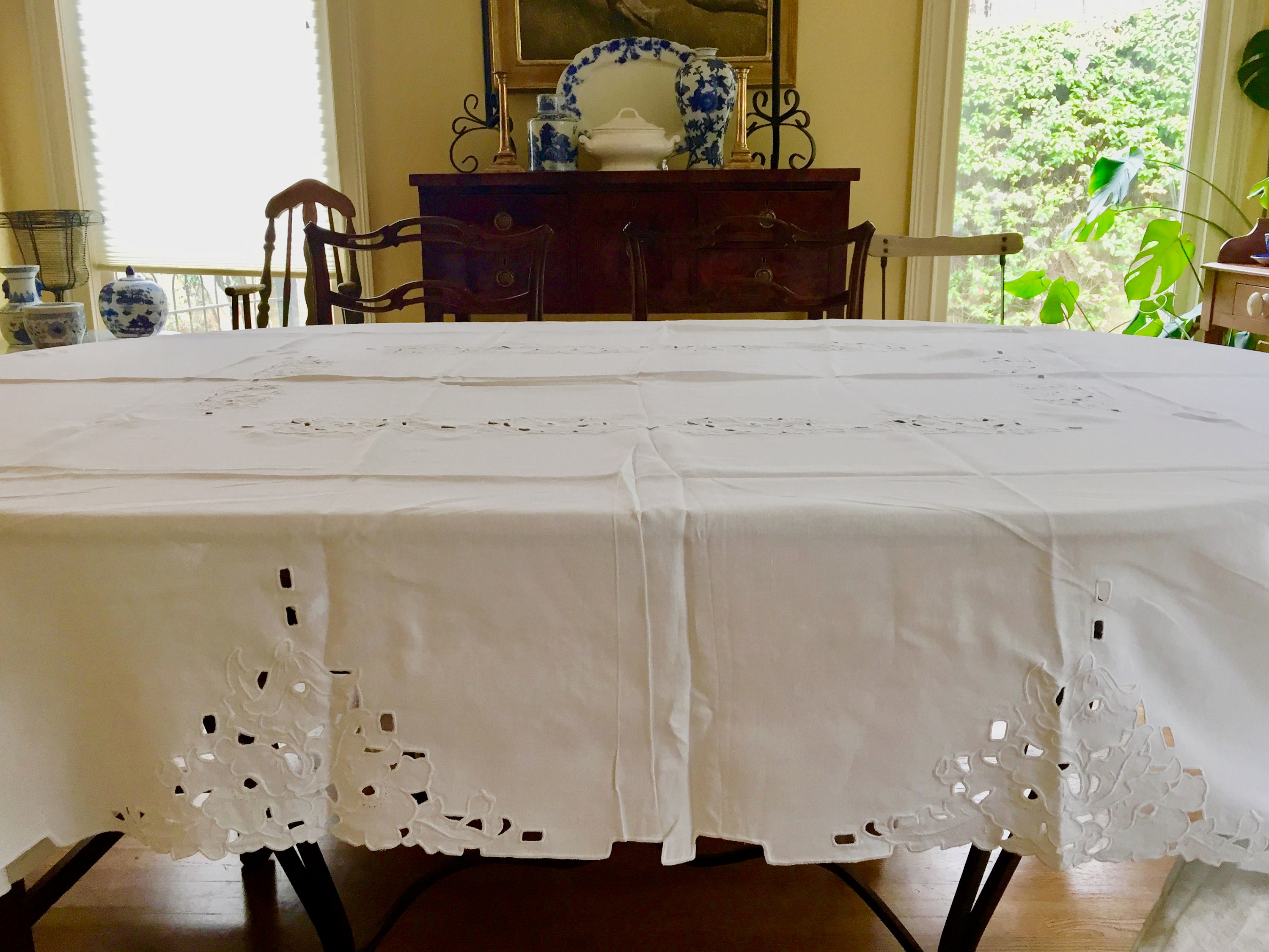 Vintage White Linen Tablecloth, Floral Cutwork Tablecloth Rectangular