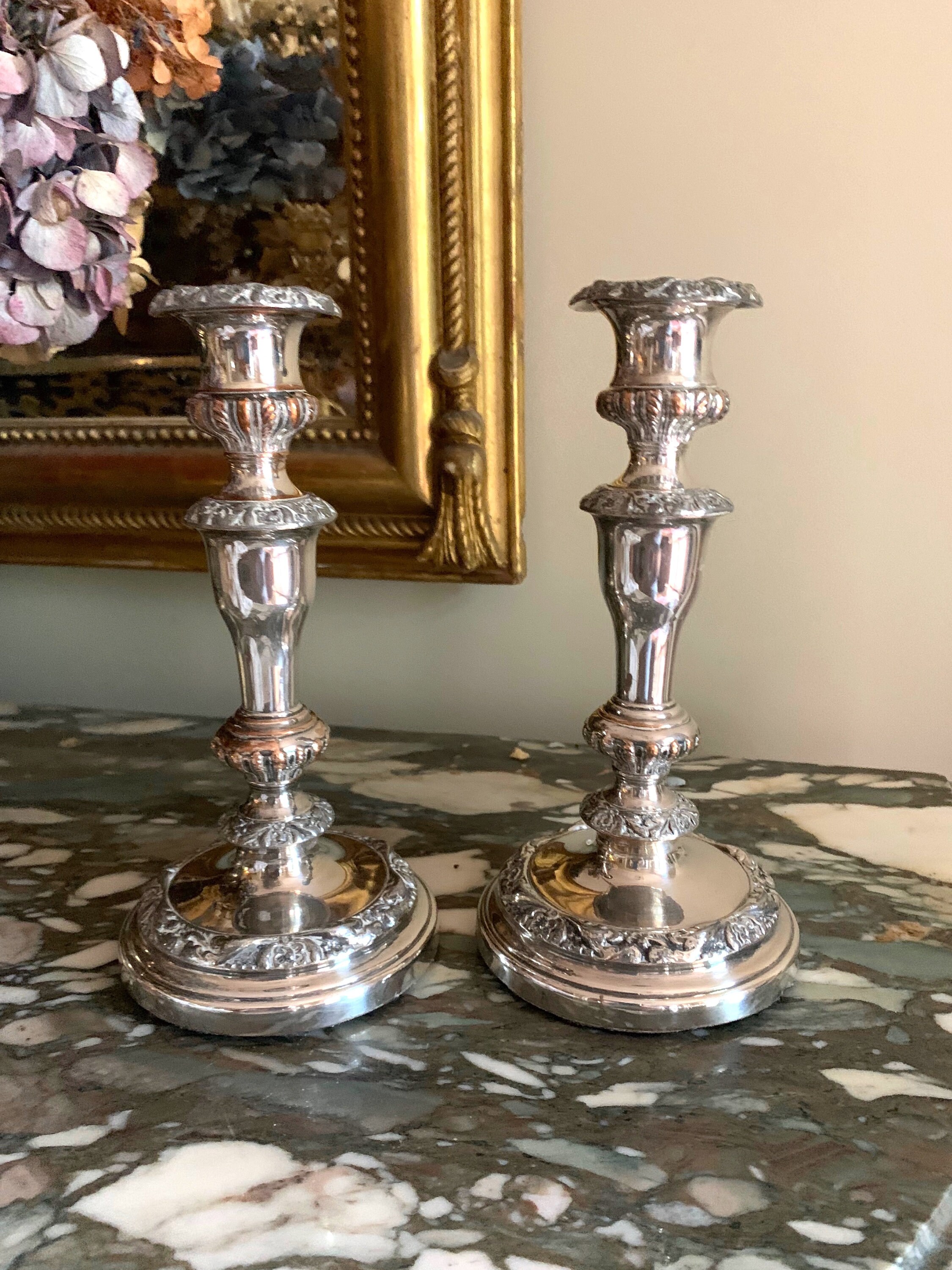 Antique English Candlesticks, John Watson & Son Sheffield Silver over