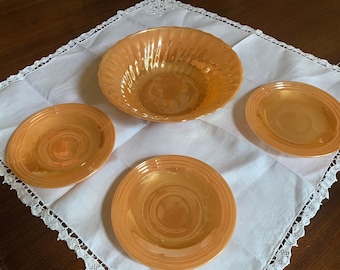 Fire King Peach Lustre Bowl and Three Saucers, Swirl No. 7 Bowl, Three Band Saucers, 4 Pieces Sold Together,