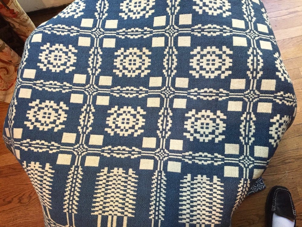 Goodwin Guild Woven Wool Coverlet Blue Cream Pine Trees and Snowflakes Original Label 88 x 102