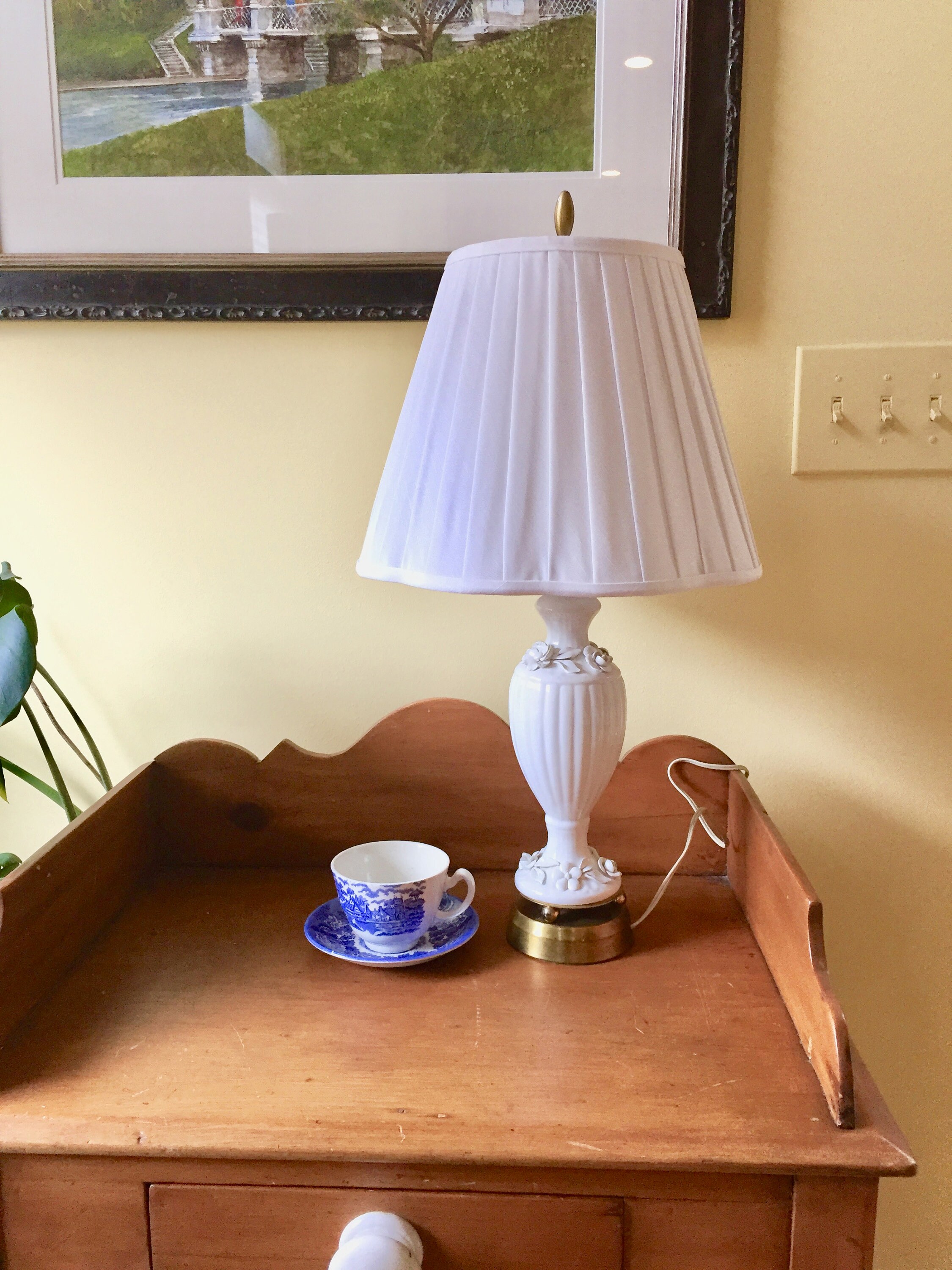 White Porcelain Lamp, Blanc de Chine Porcelain Table Lamp with White on White Floral Design