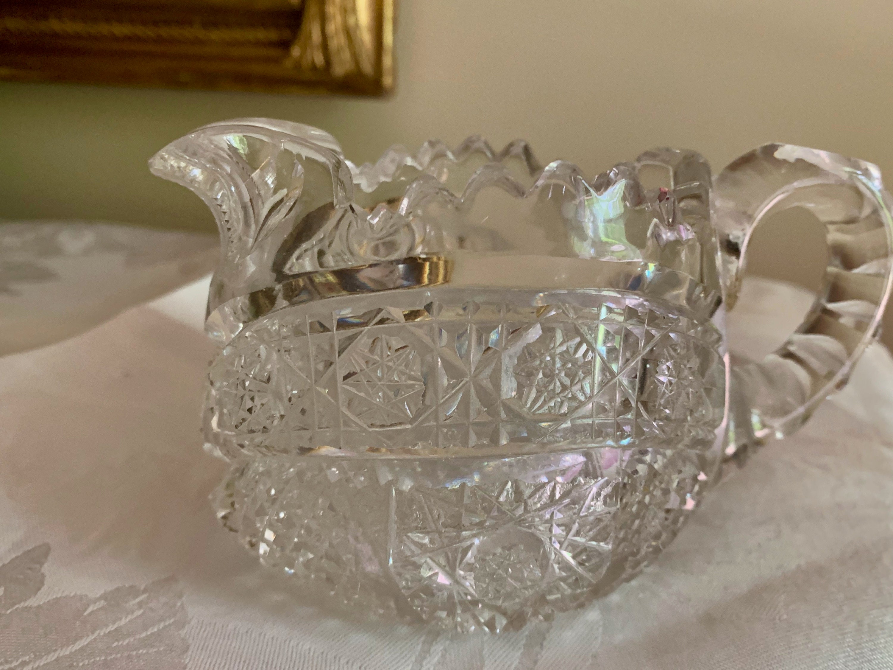 Cut Pressed Glass Creamer, Vintage Early Glass Creamer with Starburst