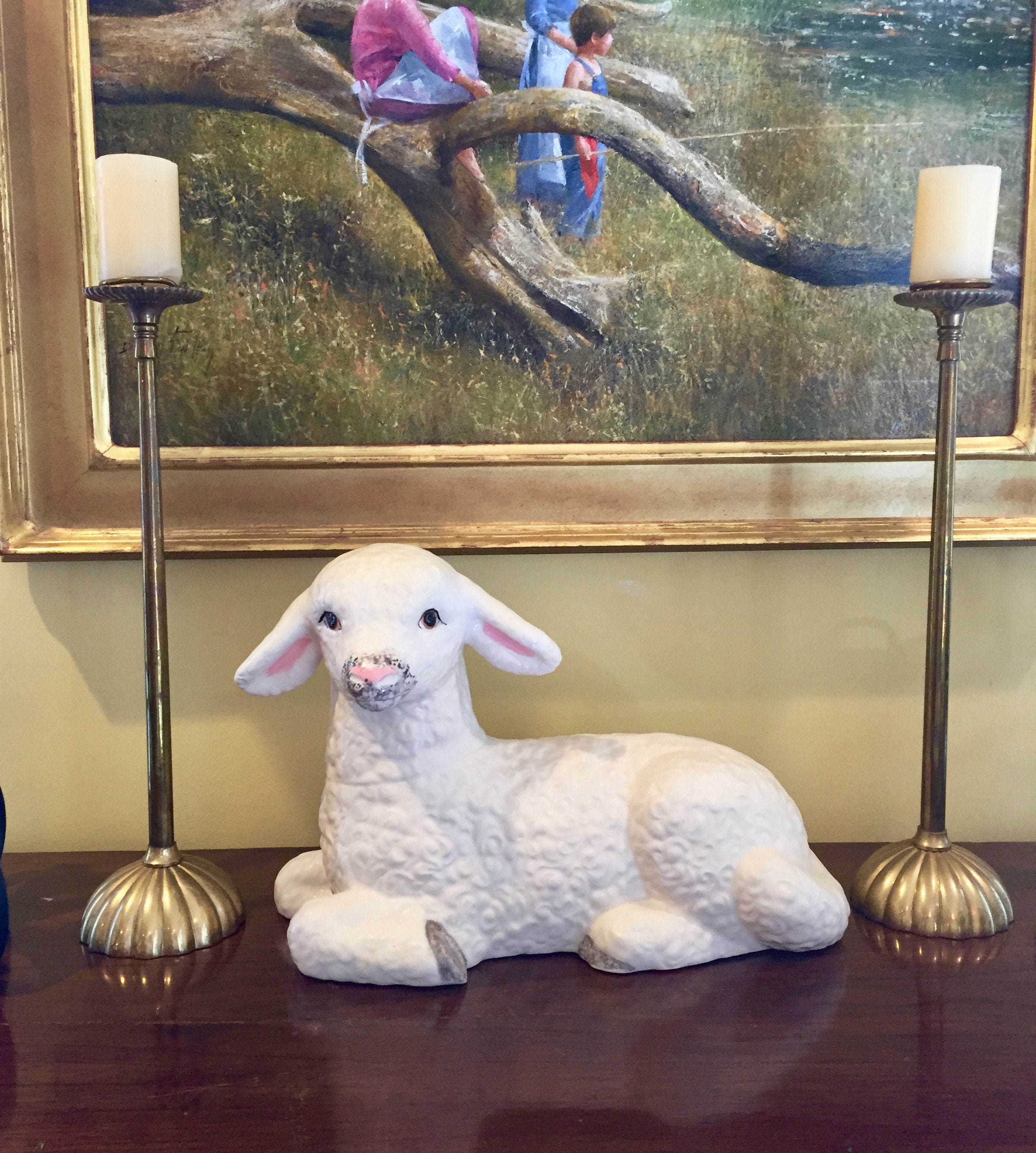 Lamb Statue, Vintage Ceramic Lamb Figurine Centerpiece Decor, Nursery