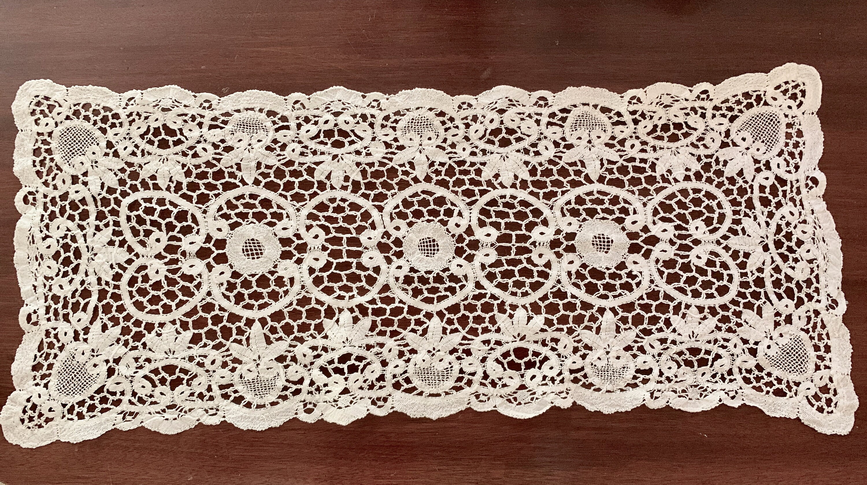 White Lace Table Runner, Vintage Handmade Battenburg Lace Table Scarf, 10.75 x 28 Inches