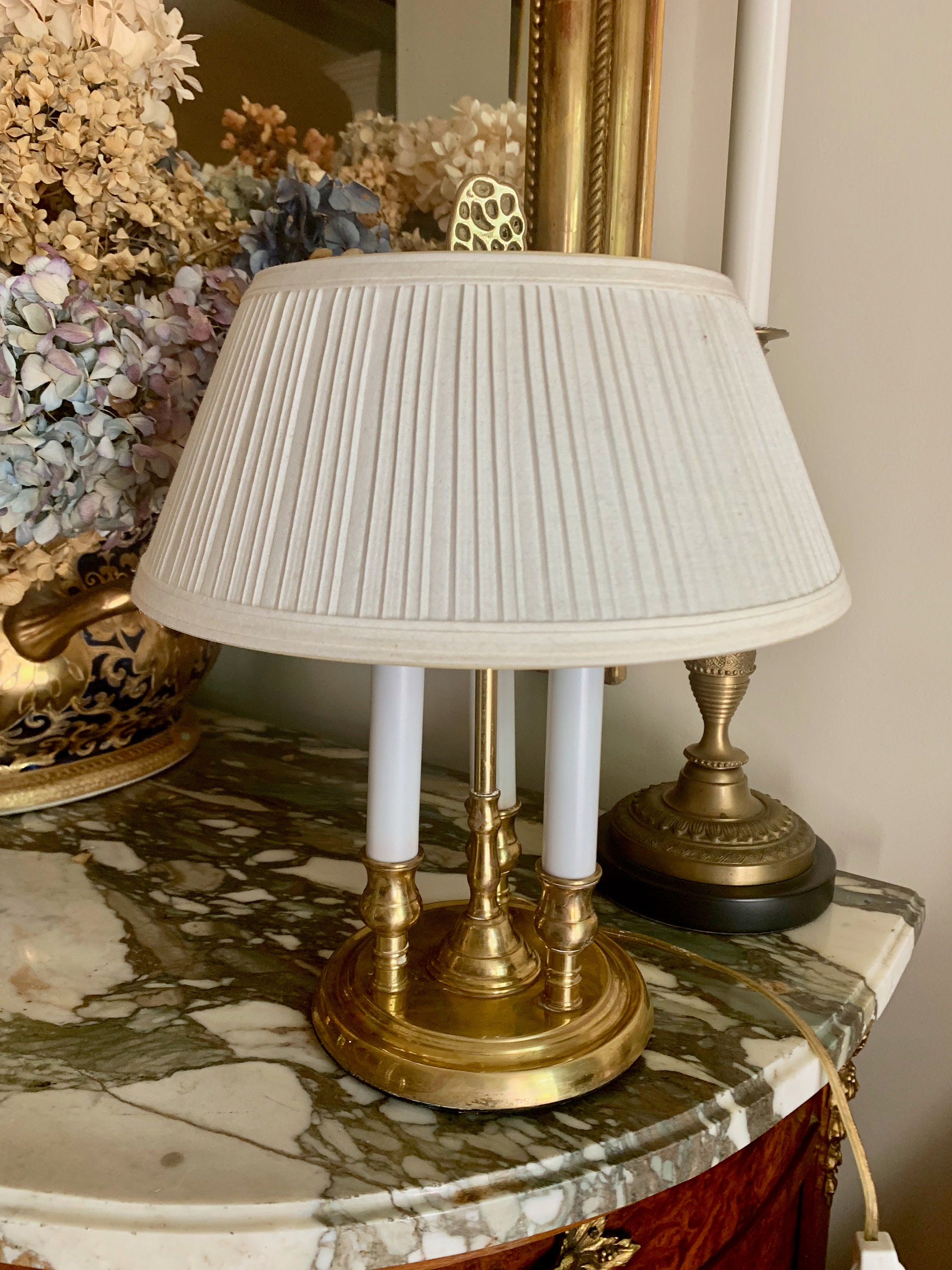 Brass Bouillotte Lamp, Small Brass Bouillotte Style Lamp with Shade, 3  Candle Sockets, Brass Finial, English Country, Colonial Decor