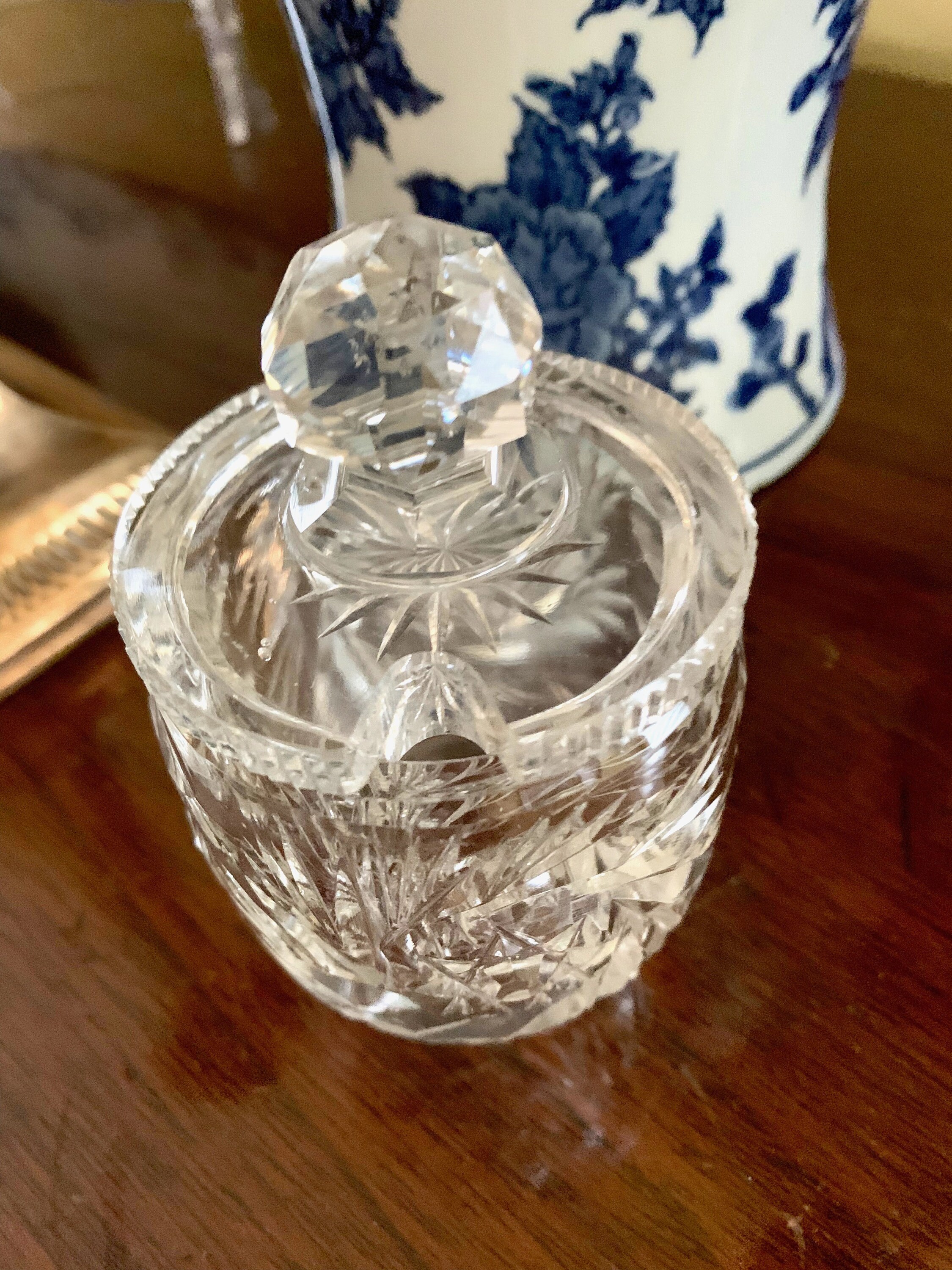 Cut Glass Jam Jar, Covered Jelly Jar, Vintage Condiment Jar, Star