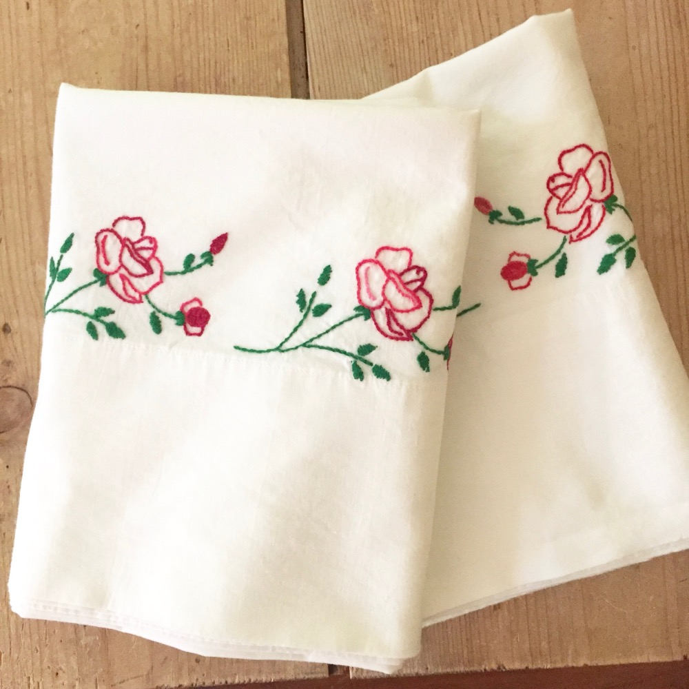 Vintage Embroidered Pillowcases, Cotton Pillowcases, Pair of Hand
