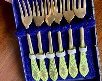 Brass Enamel Cocktail Forks, Set of 6 Small Pastry Forks, Mint Green Gold Forks from Thailand