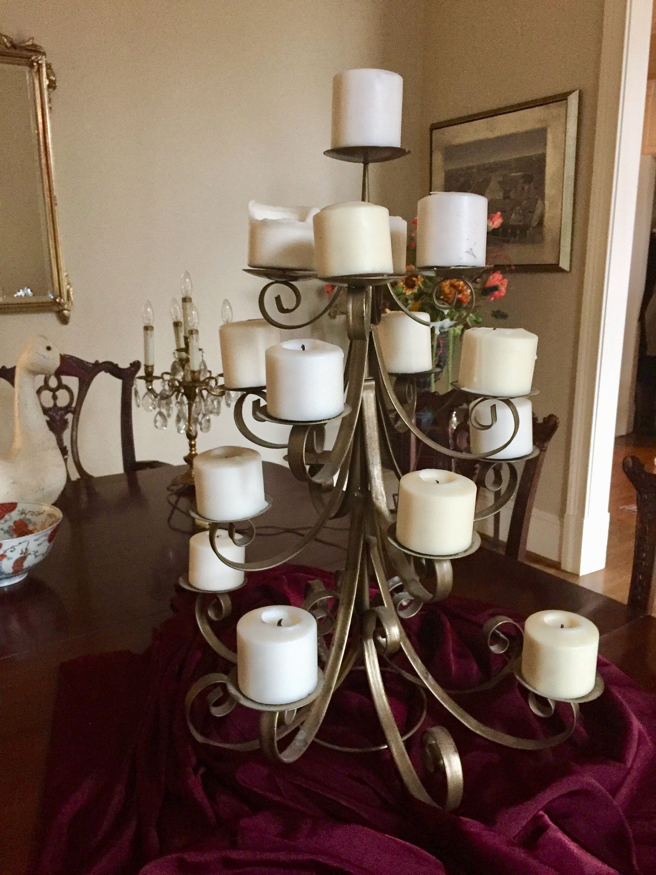 Christmas Tree Candle Stand, Gold Metal Pillar Candlestick Holder Table