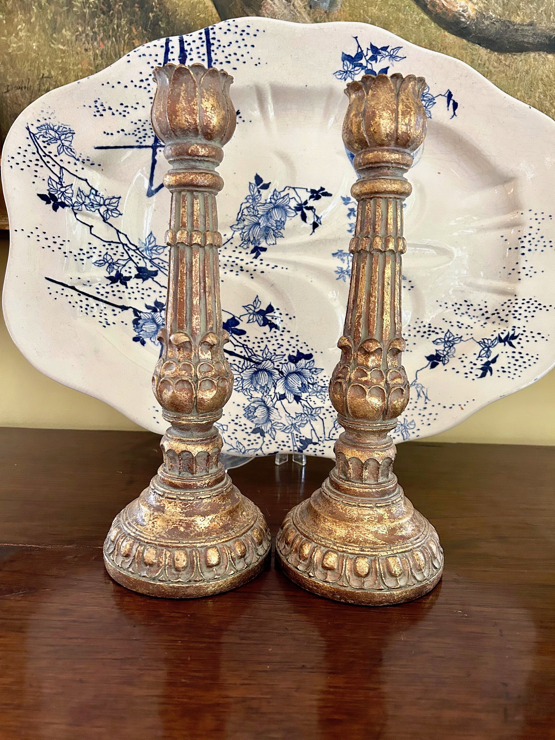 Tall Gold Candlesticks, Vintage Neo Classical Style Gold Leafed