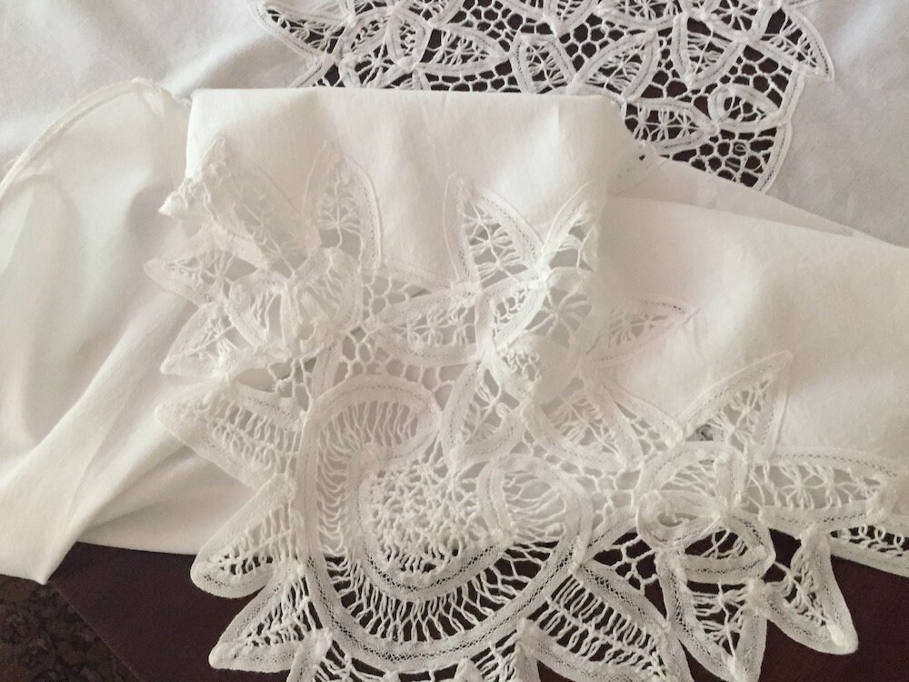 Large Battenburg Tablecloth, Vintage White Rectangle Tablecloth