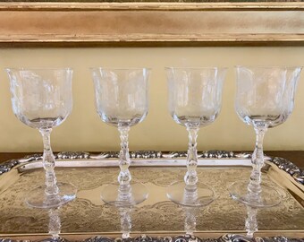 Clear Crystal Wine Goblets, Etched Wine Goblets Set of 4, Rose Etched Pattern, Wedding Bridal, Barware Gift