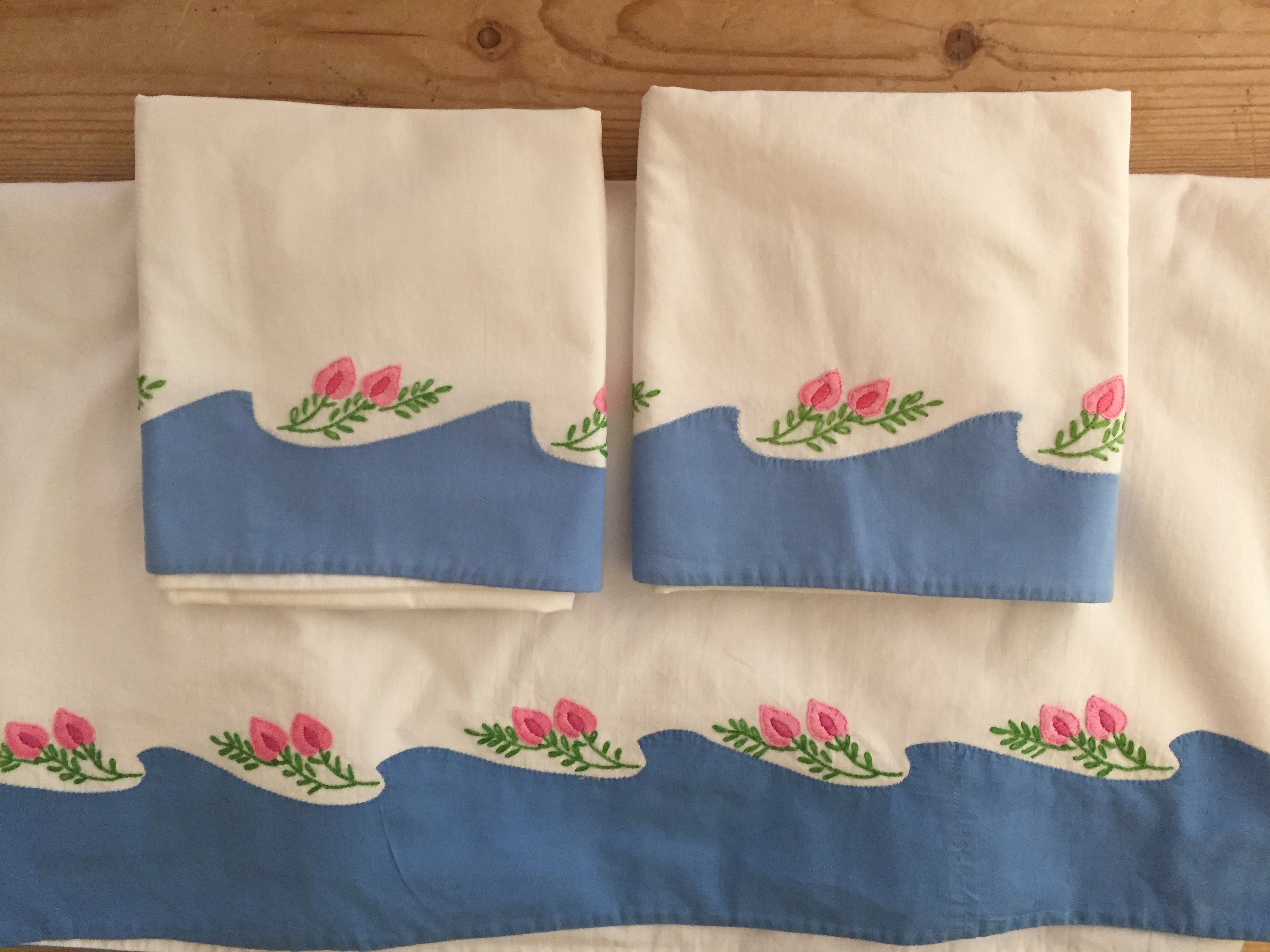 Embroidered Flat Sheet Pillowcases, Blue and White Sheet Pillowcases