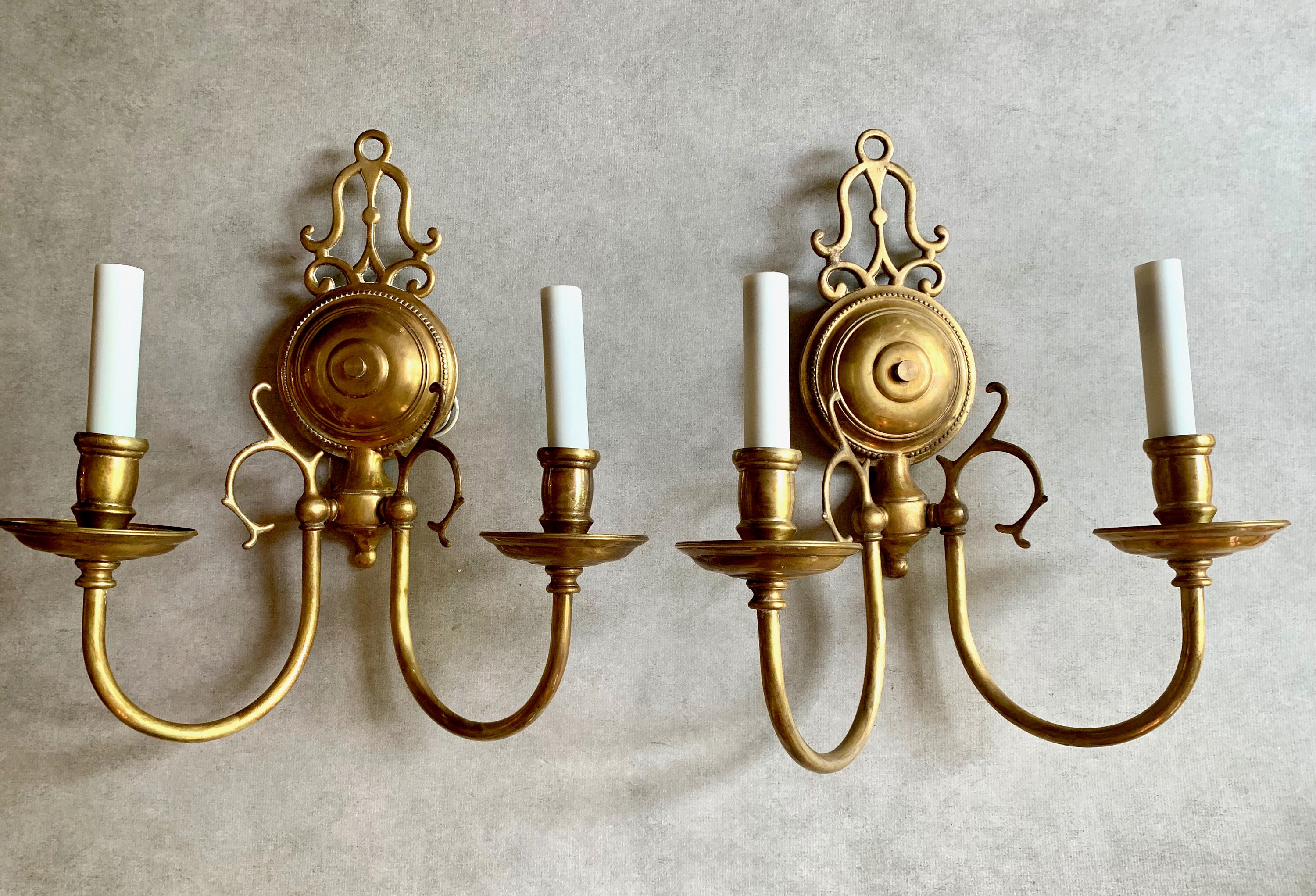Pair Brass Wall Sconces, Electrified Double Light Brass Sconces, Colonial Style Wall Sconces