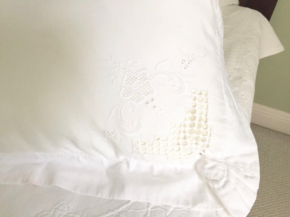 White Ruffled Pillow Shams Pair Embroidered Cutwork Needlework