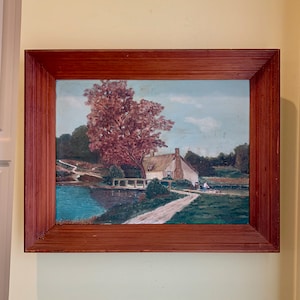 Acrylic Landscape Painting, Signed 1953, Cottage Farmhouse Decor, 12x16