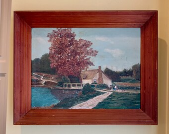 Vintage Landscape Signed Dated 1953, Original Pine Frame, 12 x 16 Inch Acrylic Landscape, Cottage Farmhouse Decor, Art Lover Gift