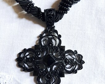 Black Choker Cross, Vintage Gothic Cross Necklace, Choker Necklace with Black Beads, Evening Costume Jewelry,