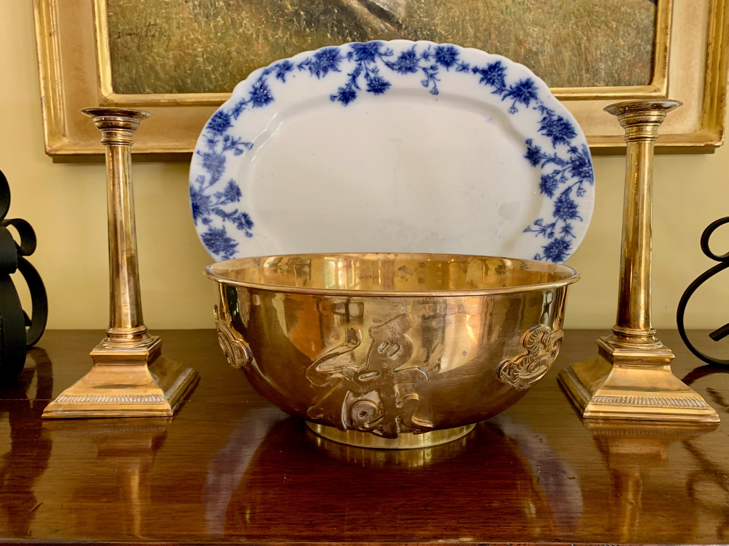 Large Brass Bowl, Asian Chinoiserie Bowl, Brass Centerpiece Bowl, Chinoiserie Decor Accent Bowl