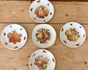 Bavarian Porcelain Fruit Plates, Set of 5 Hand Painted Fruit Plates with Gold Rim, 4 Seltmann Weiden Porcelain Plates, 1 Mitterteich Plate