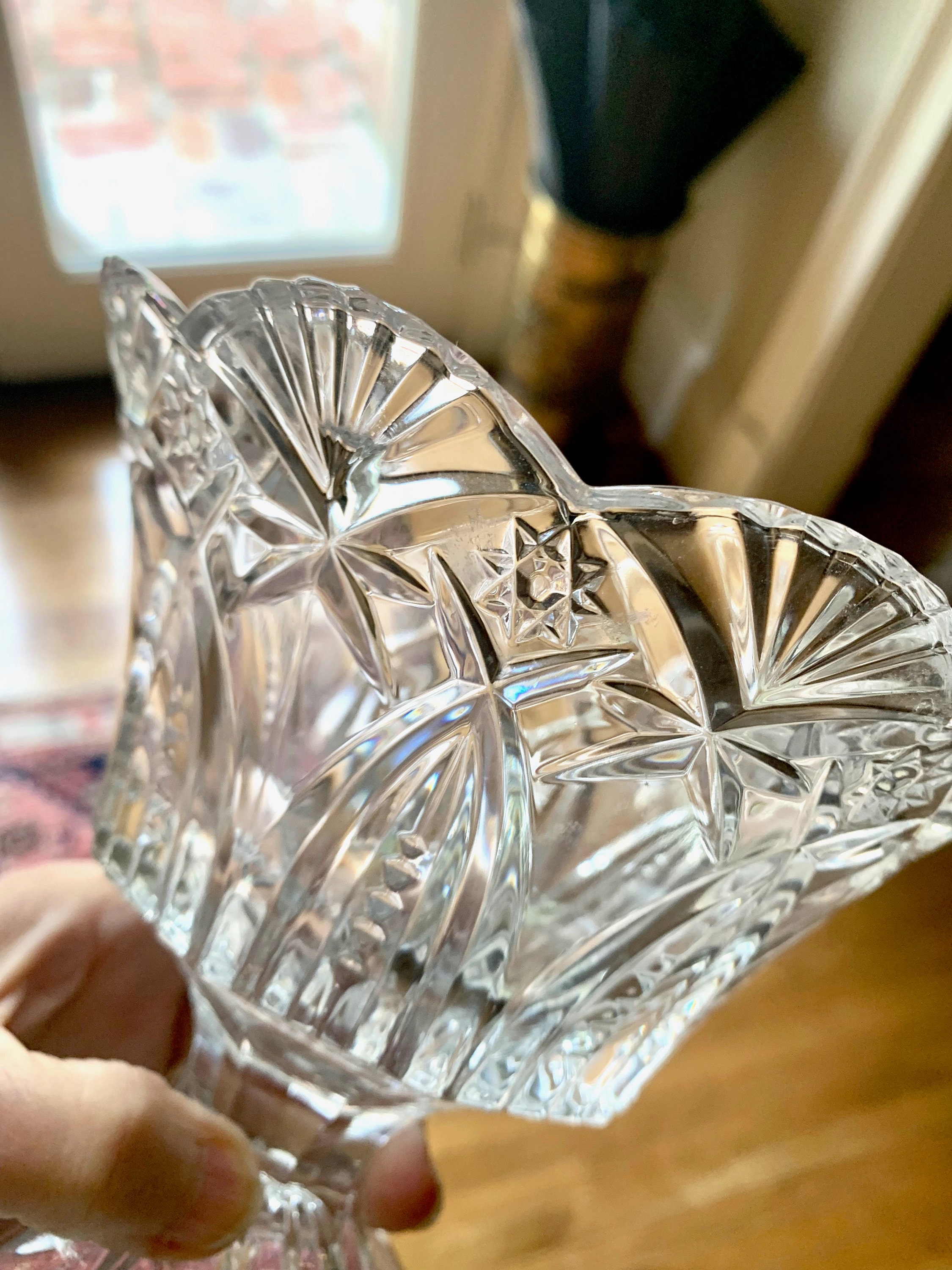 Footed Crystal Compote Bowl with Lid, Scalloped Rim, Fan Shape Design