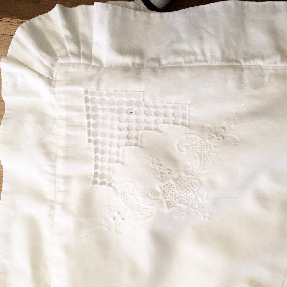 White Ruffled Pillow Shams, Pair, Embroidered Cutwork, Needlework