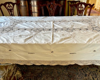 Ecru Tablecloth with Crochet Lace,  Ecru Crochet Lace Hem and Inset Pattern, Embroidered Tablecloth, 66 x 96 in,  French Cottage Farmhouse