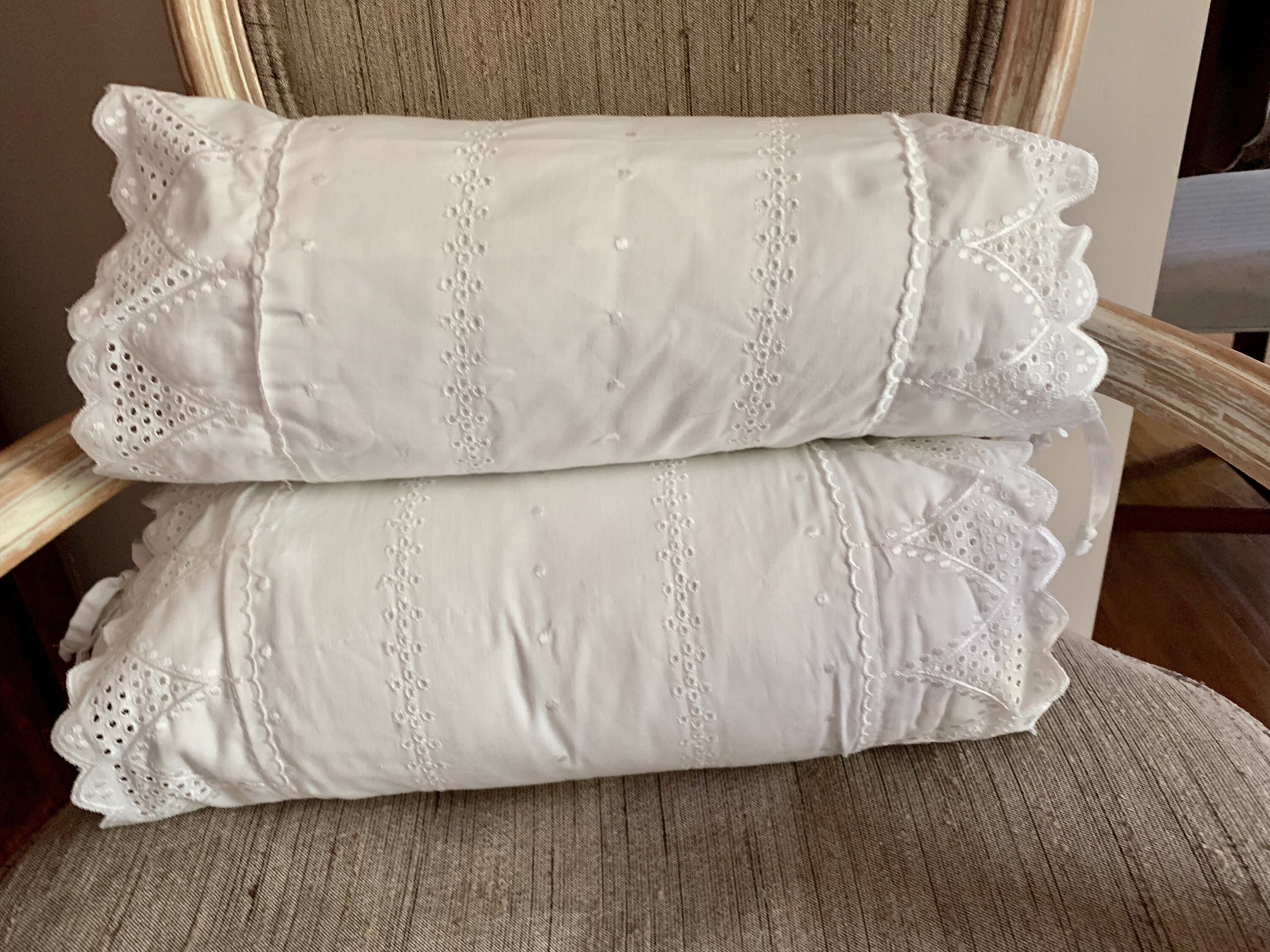 Eyelet Bolster Pillow and Form, Vintage Ivory Neck Roll Decorative