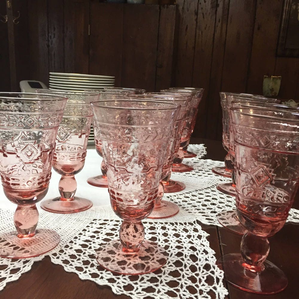 13 Pink Footed Crystal Goblets Embossed Design Excellent Condition